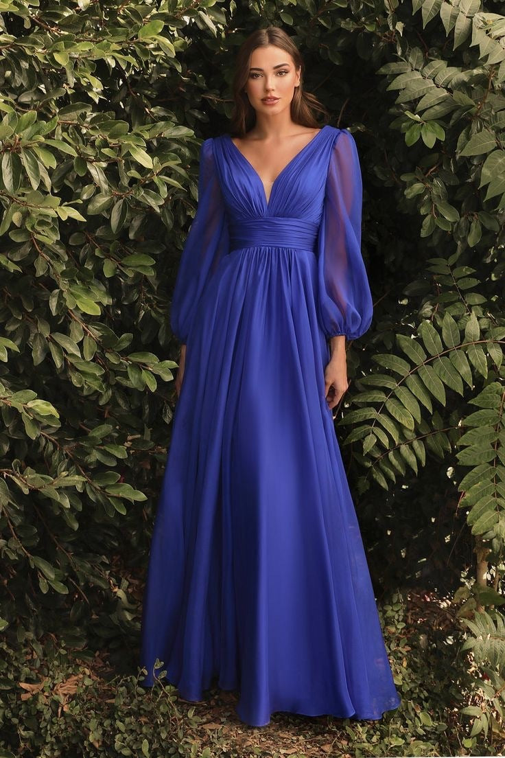 long sleeve chiffon deep V dress, view 9 - MRSLM