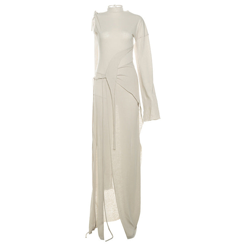 one-shoulder lace-up high waist dress, view 6 - MRSLM