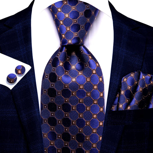 navy blue and gold plaid silk necktie set - MRSLM