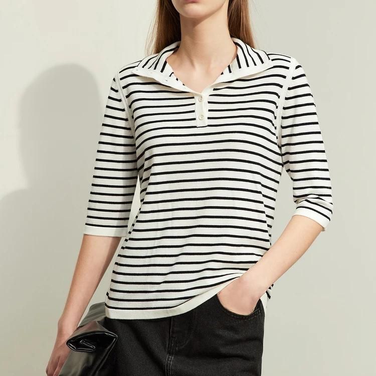 Striped wool blend mock neck sweater, view 9 - MRSLM