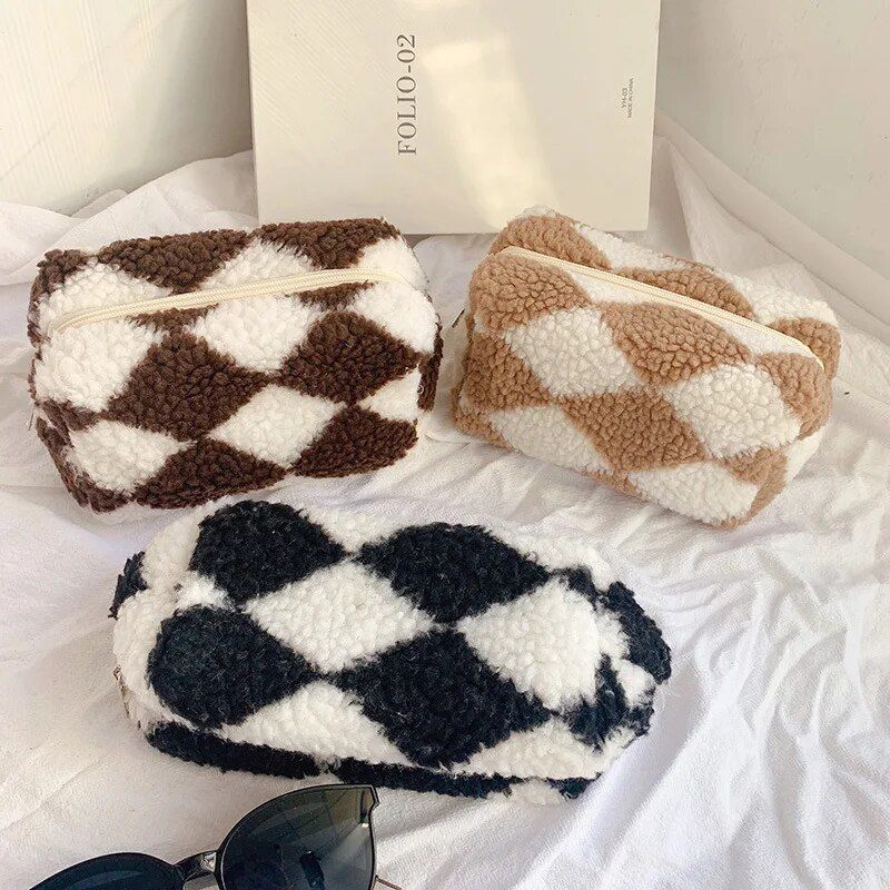 plush plaid barrel makeup bag, view 7 - MRSLM