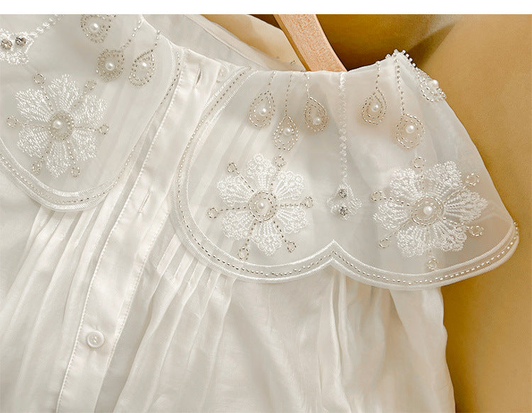 women's doll collar puff sleeve beaded blouse, view 5 - MRSLM