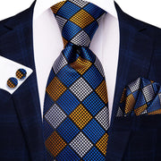 blue and gold plaid silk necktie set for men, view 2 - MRSLM