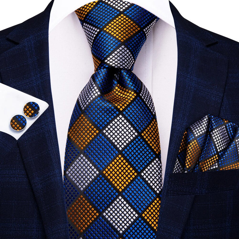blue and gold plaid silk necktie set for men, view 2 - MRSLM