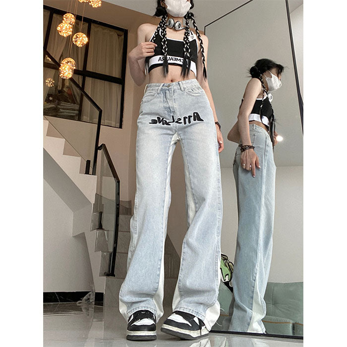 High Street Embroidery Stitching Jeans Women's Straight Slimming