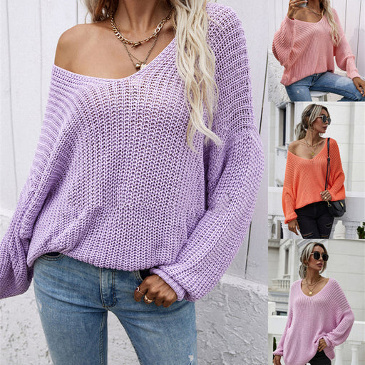 women's solid v-neck pullover sweater - MRSLM