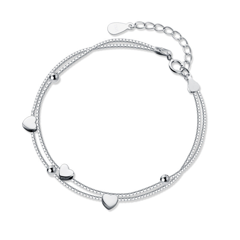 Double Layer Small Heart Sterling Silver Bracelet