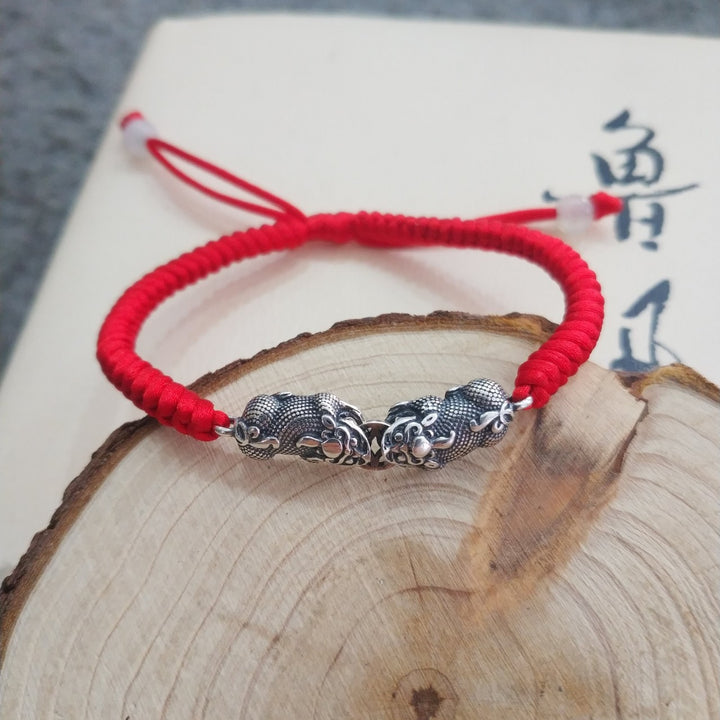 925 Sterling Silver Bitten Coin Double Pixiu Red String Bracelet