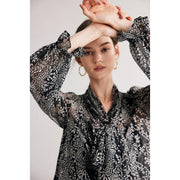 black printed silk blouse with bow collar, view 8 - MRSLM