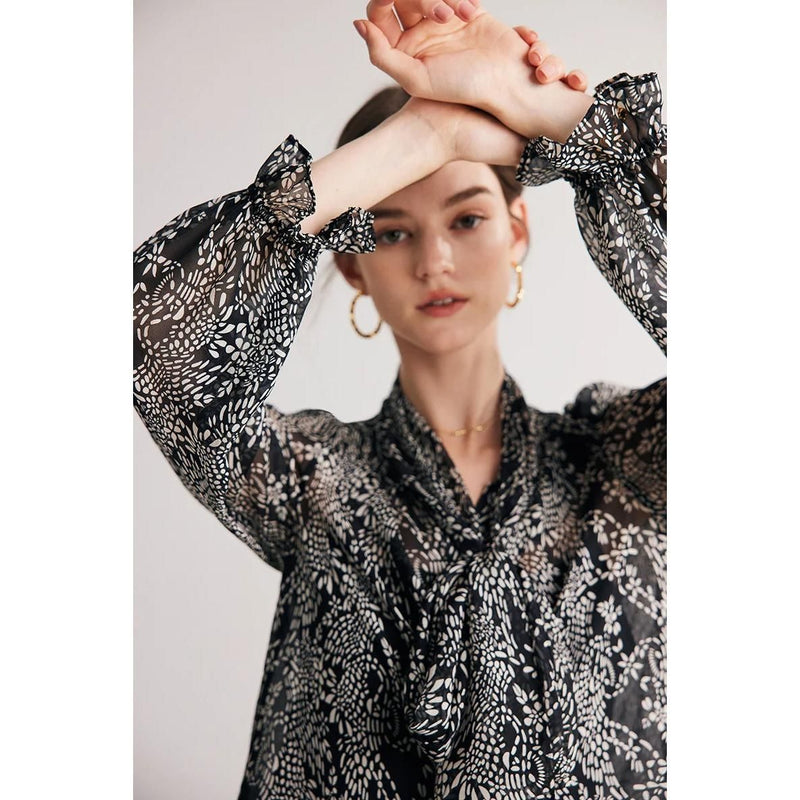 black printed silk blouse with bow collar, view 8 - MRSLM