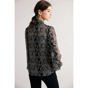 black printed silk blouse with bow collar, view 9 - MRSLM