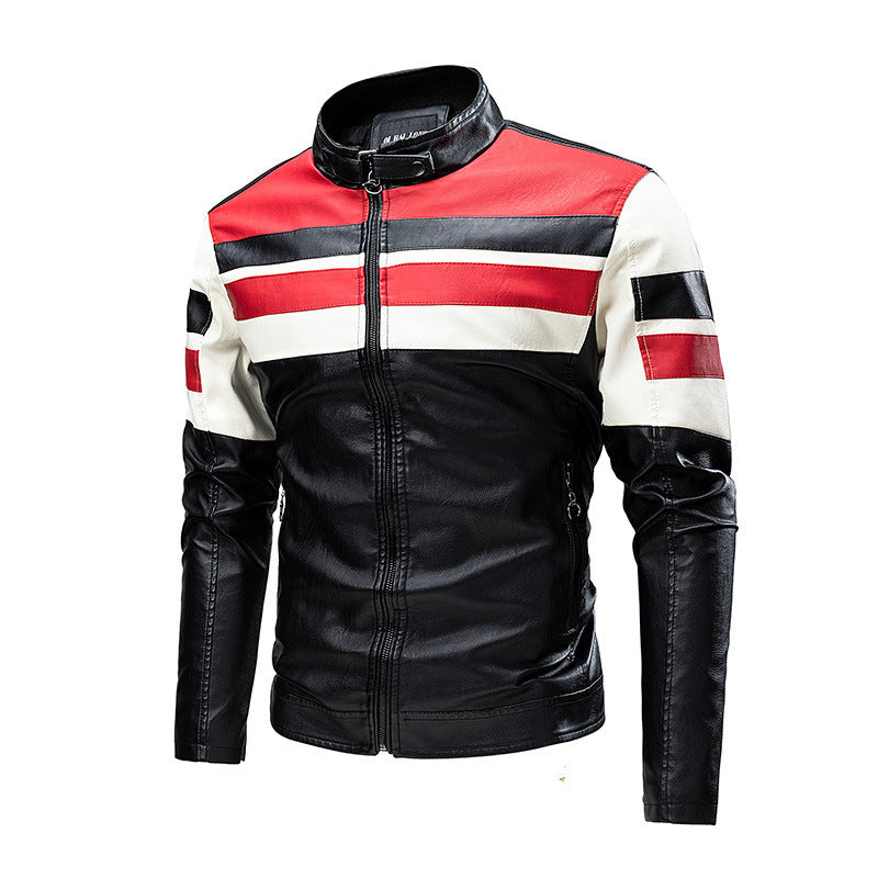 Motorcycle Stitching PU Leather Jacket Men Stand Collar Retro