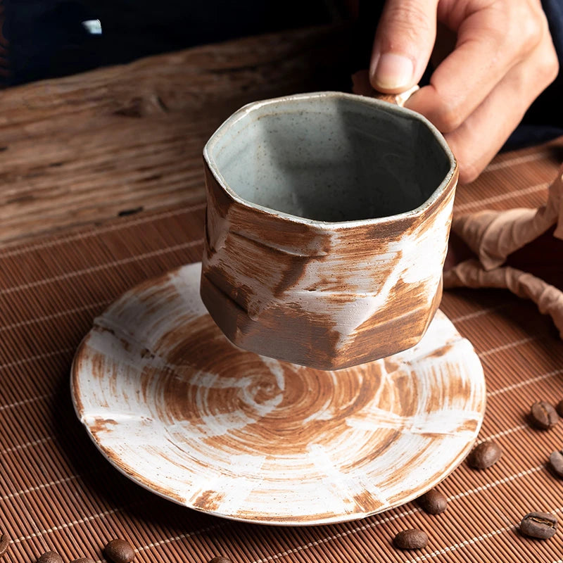 japanese retro ceramic coffee cup and saucer set, view 3 - MRSLM