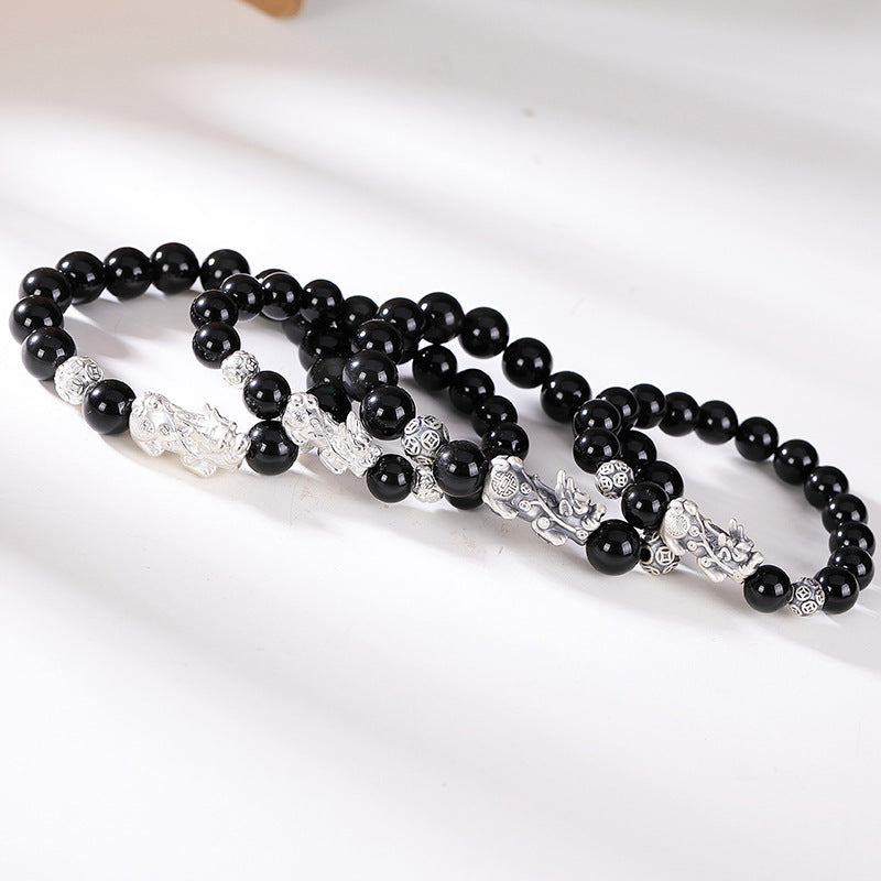 S925 Sterling Silver Obsidian Pixiu Bracelet Plain Silver Versatile Personality