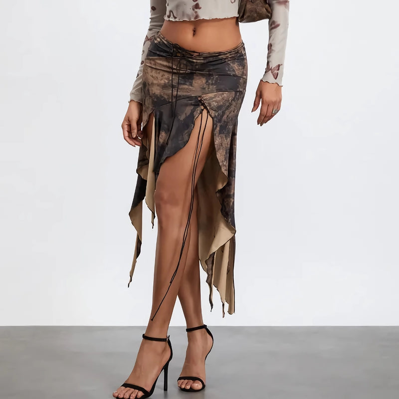 high split ruffle hem midi skirt, view 4 - MRSLM