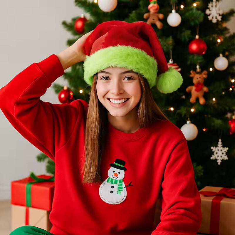 Plush velvet Santa hat with green trim, view 2 - MRSLM
