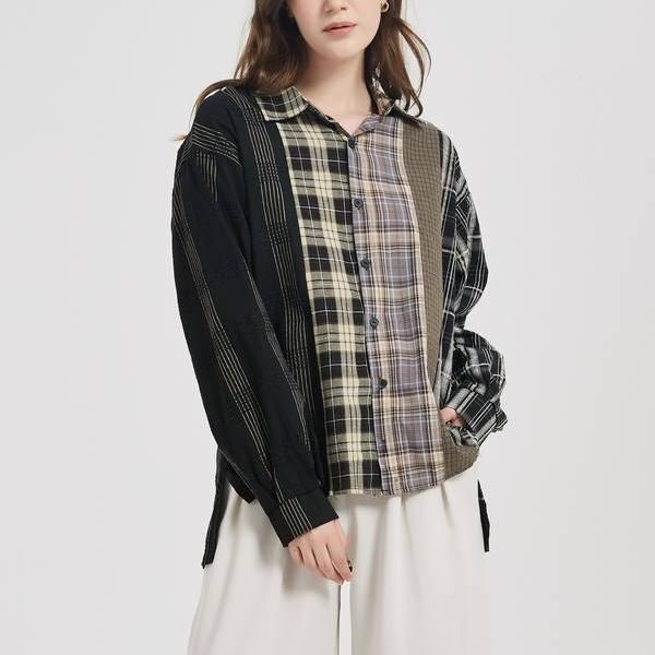 plaid patchwork button-up shirt, view 3 - MRSLM