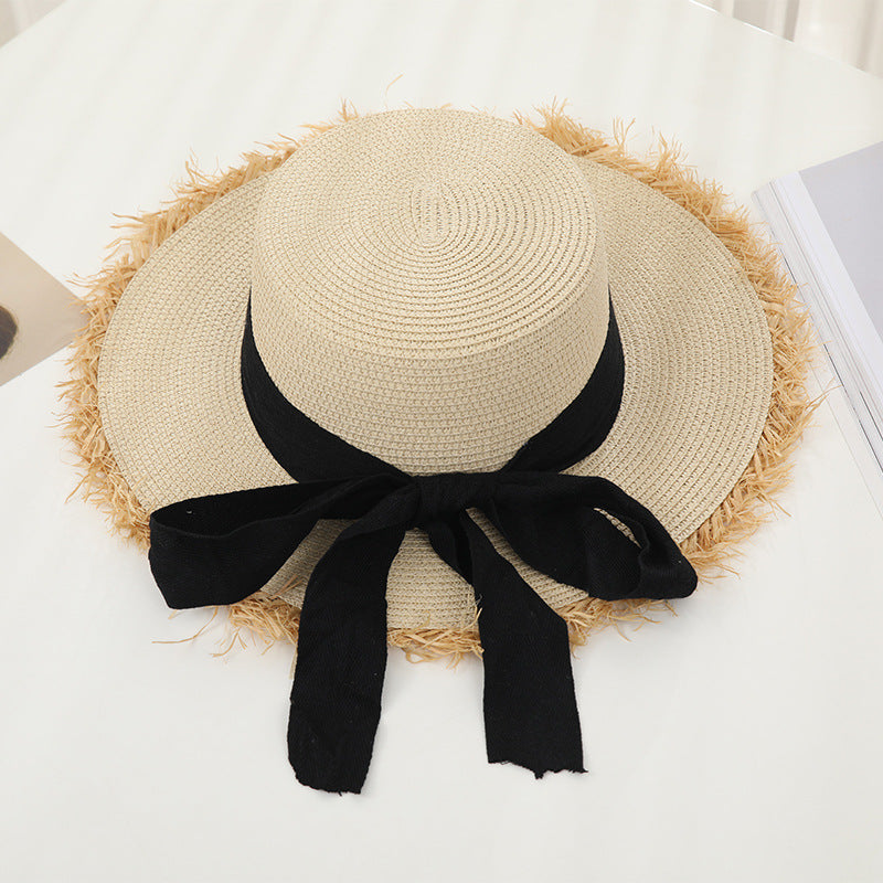 flat top straw sun hat with bowknot, view 2 - MRSLM