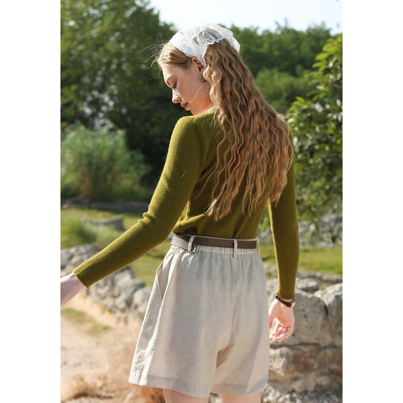 high waist linen shorts, view 8 - MRSLM