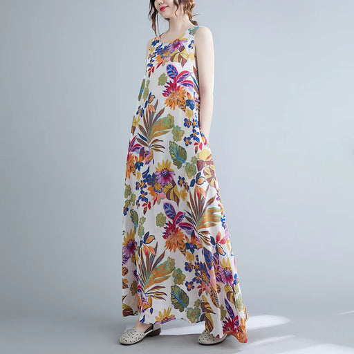 floral print cotton linen long dress, view 2 - MRSLM