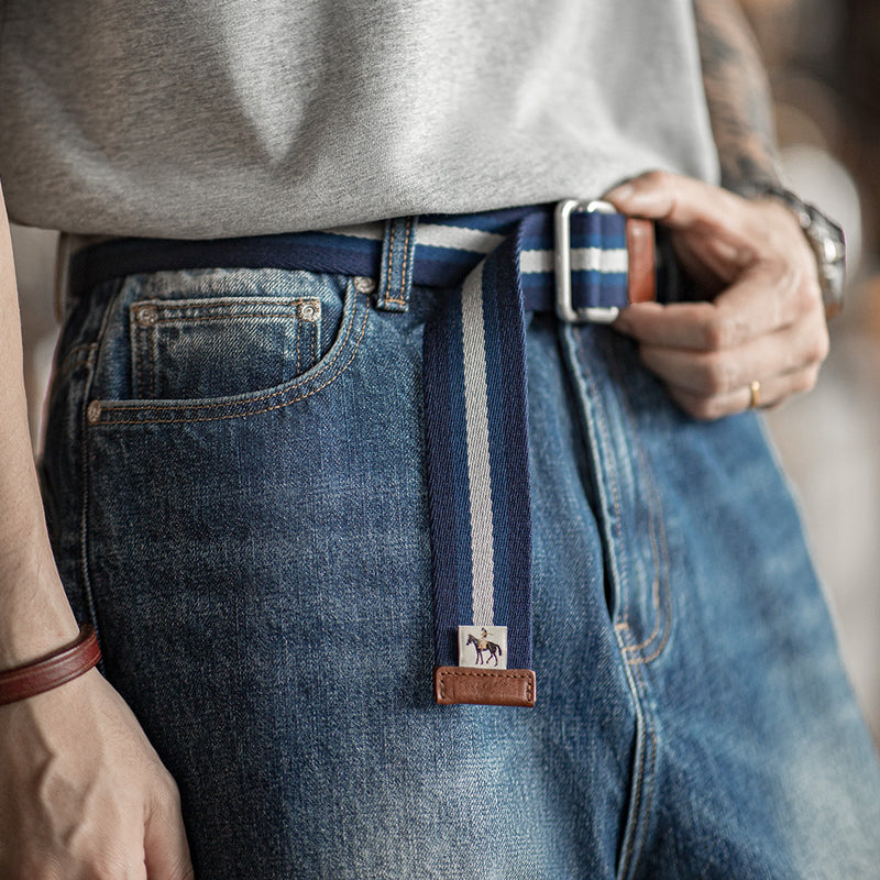 retro double-ring buckle striped belt, view 3 - MRSLM