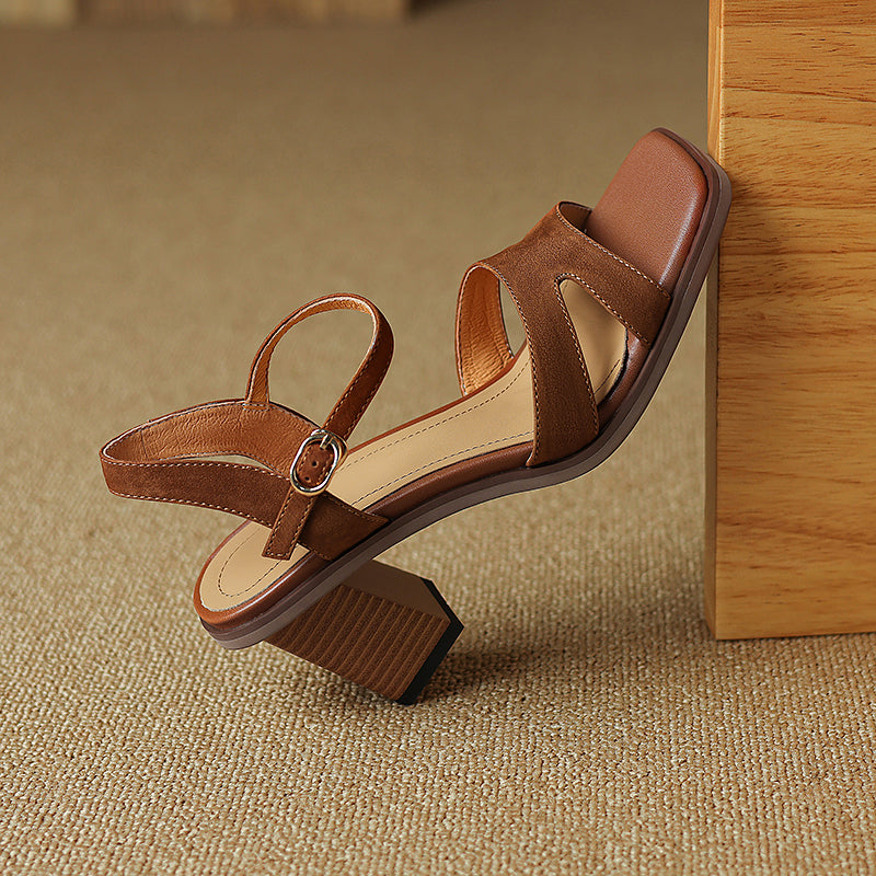 open toe leather sandals with chunky heel, view 9 - MRSLM