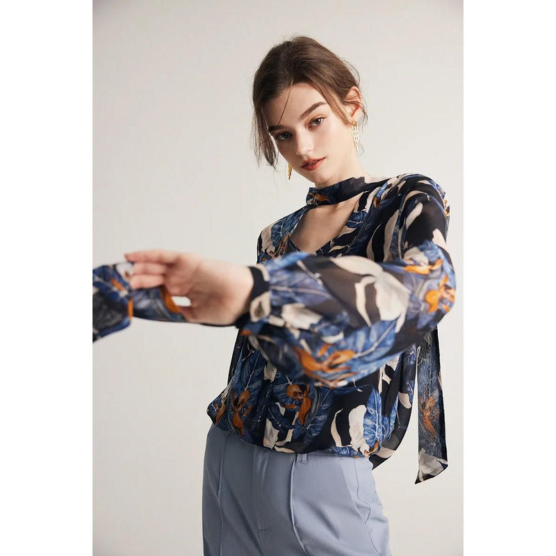 Silk-blend bow collar blouse, view 9 - MRSLM