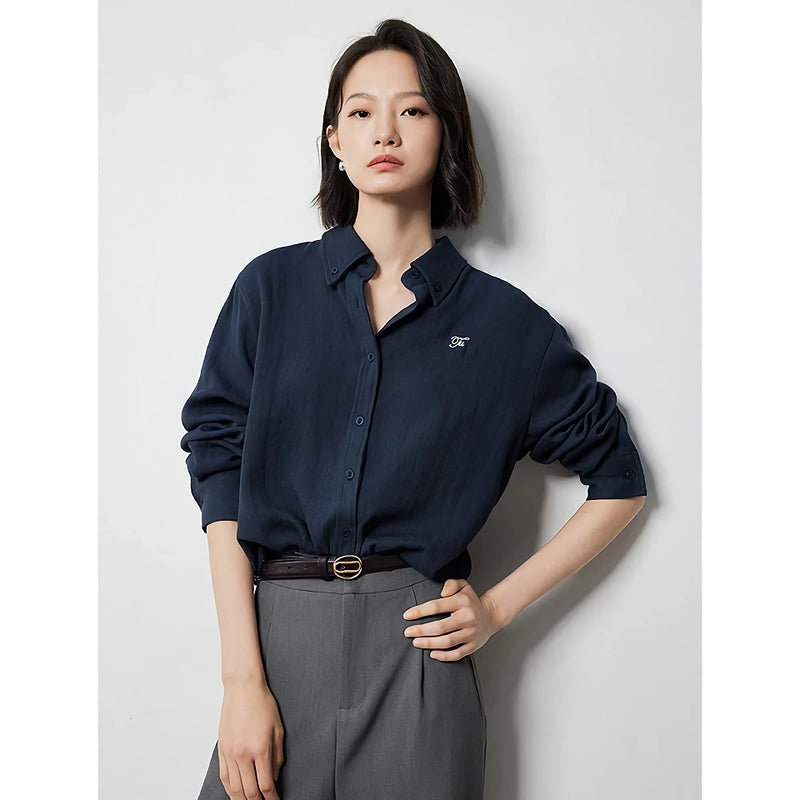 long sleeve linen blouse with embroidery, view 3 - MRSLM