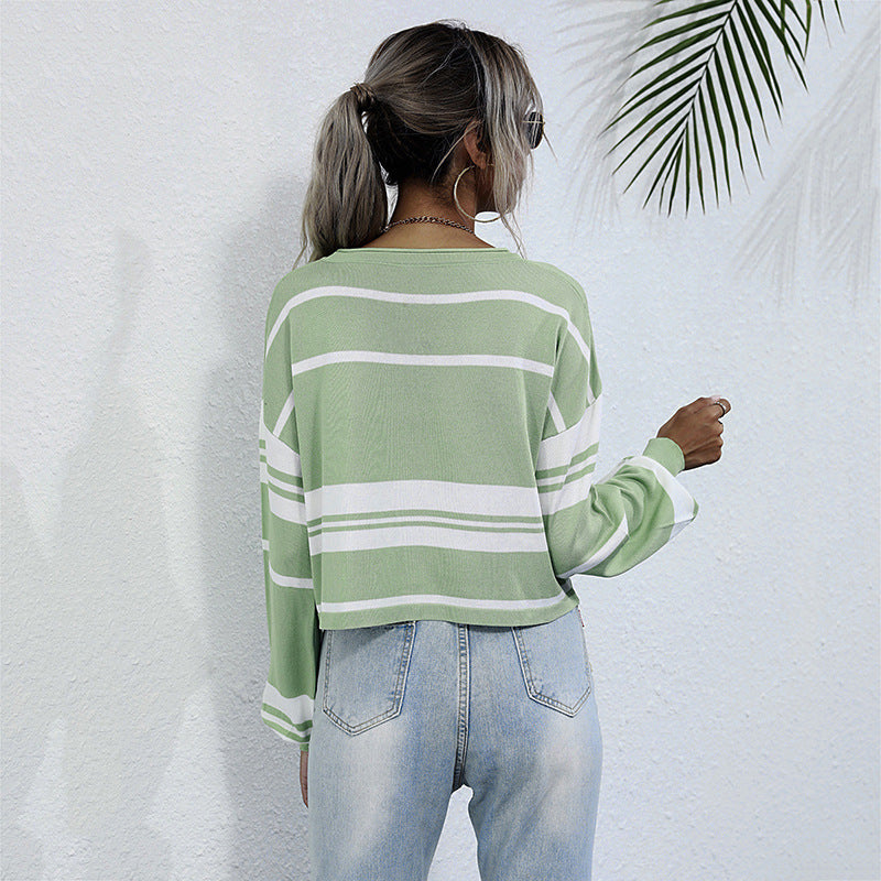 Crew-neck Striped Bottomed Knit Sweater For Women