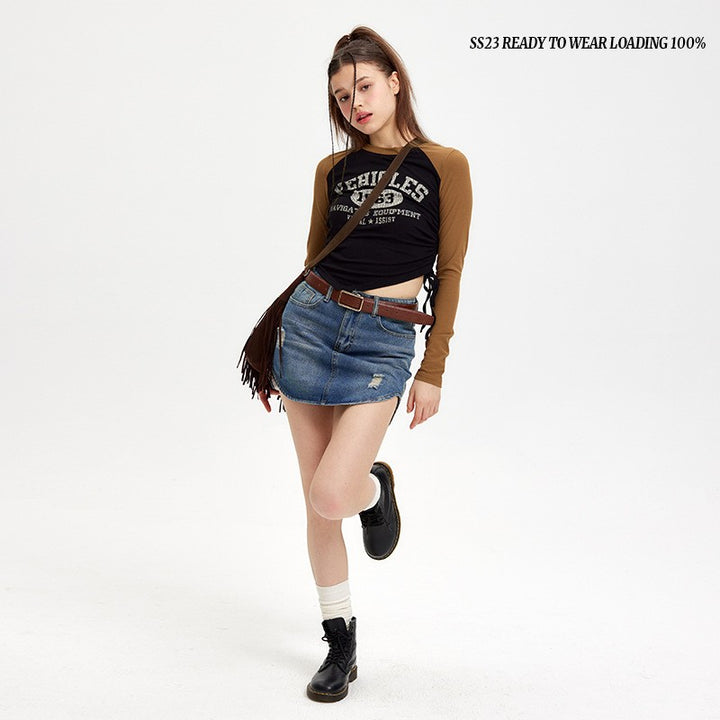 Retro Irregular Hem Short-sleeved T-shirt Top