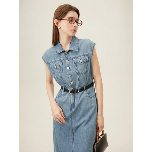 Sleeveless cotton denim dress, view 2 - MRSLM