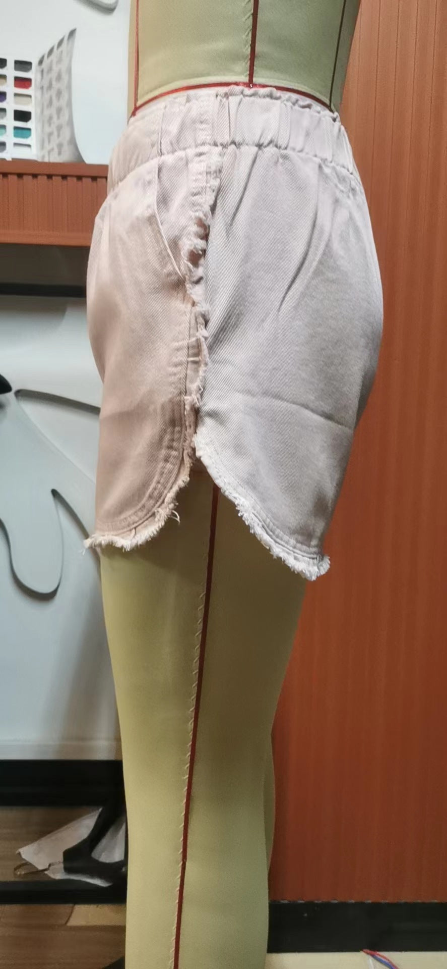 Frayed Lace Denim Elastic Waist Shorts