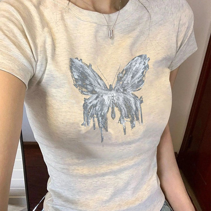 Butterfly Print Short Sleeve Shoulder Women's Summer