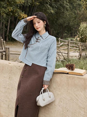 blue-grey striped patchwork blouse, view 7 - MRSLM