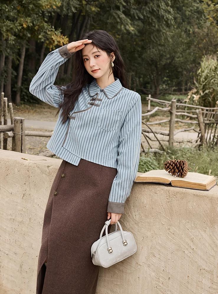 blue-grey striped patchwork blouse, view 7 - MRSLM