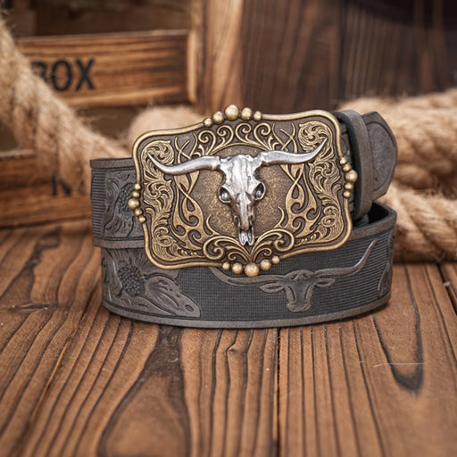 western cowboy pu leather belt with bull decoration, view 2 - MRSLM