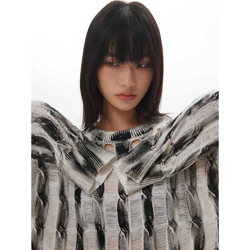 striped knit pullover with hollow accents, view 6 - MRSLM