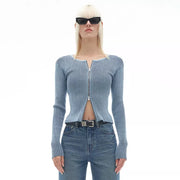elegant knit cardigan with two-way zipper, view 3 - MRSLM