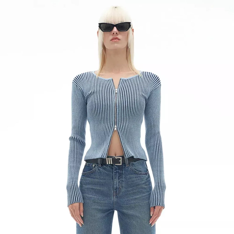elegant knit cardigan with two-way zipper, view 3 - MRSLM