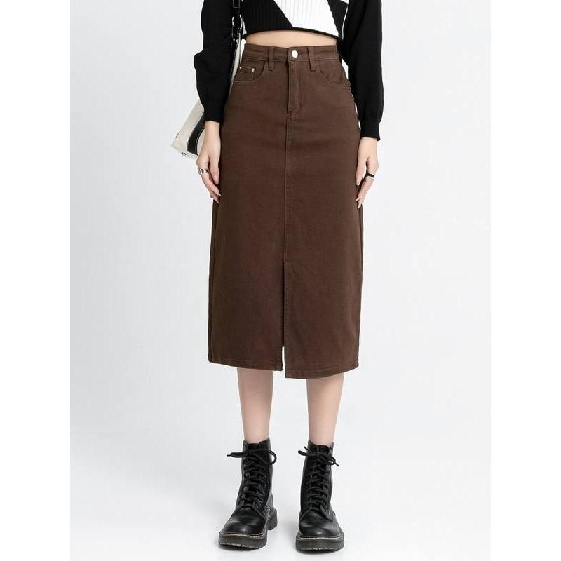 high waist denim pencil skirt, view 4 - MRSLM