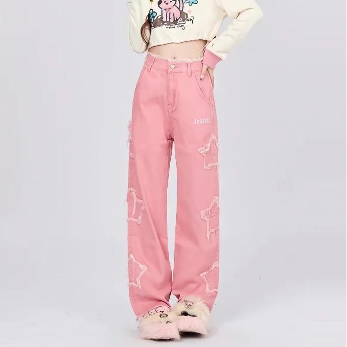 Women's Pink Vintage High-Waisted Wide Leg Jeans