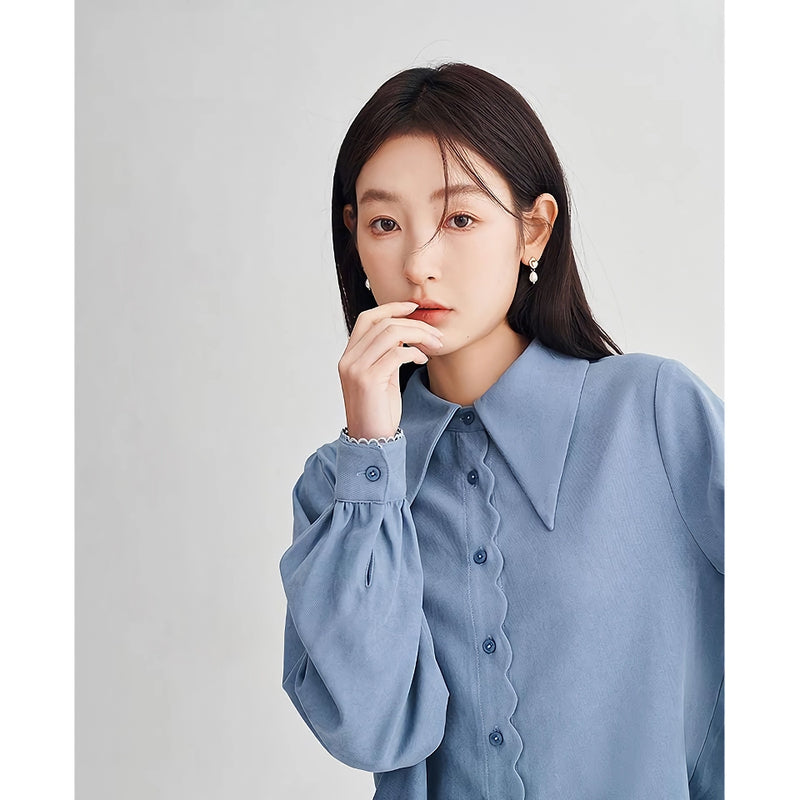 long sleeve polo neck blouse with petal cuffs, view 5 - MRSLM