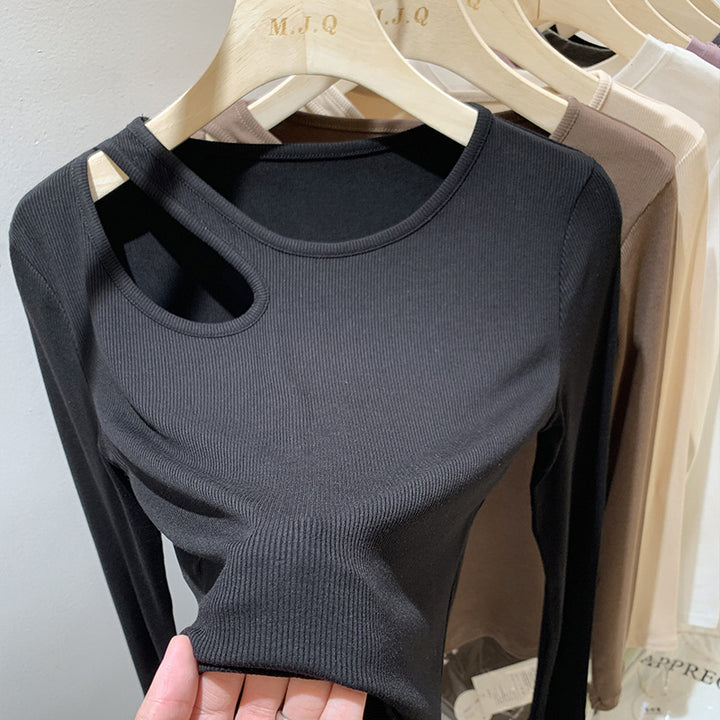 Round Neck Collarbone Bottoming Shirt Women's Hollow Long Sleeve T-shirt