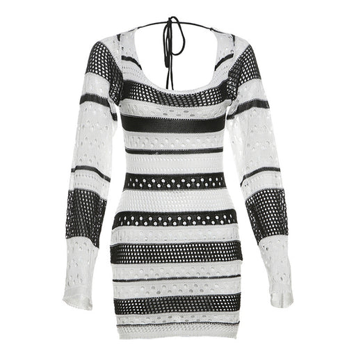 knitted striped long sleeve dress, view 6 - MRSLM
