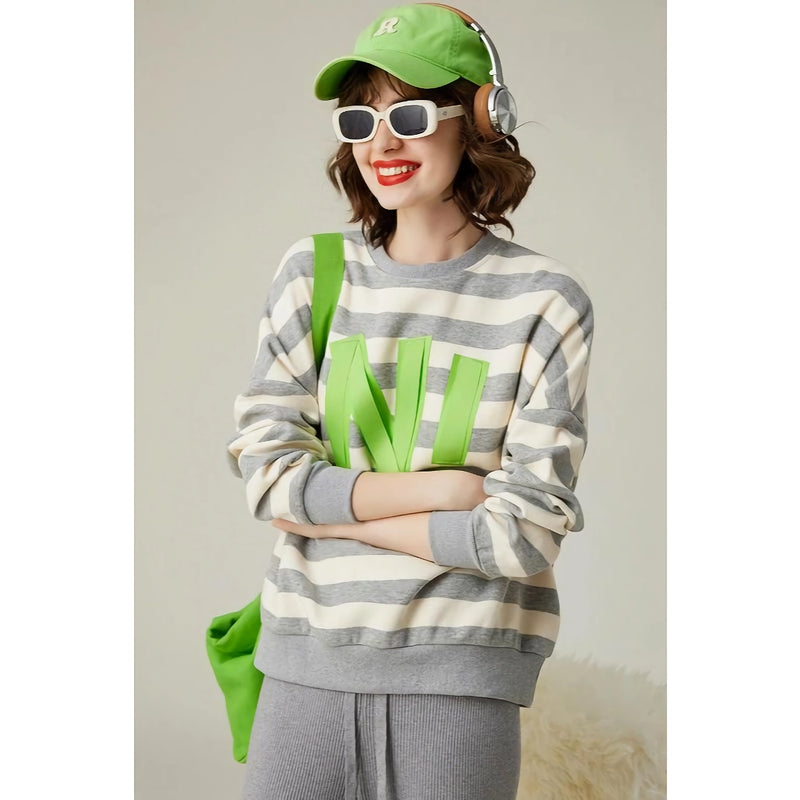 striped letter print sequin embroidered sweatshirt, view 5 - MRSLM