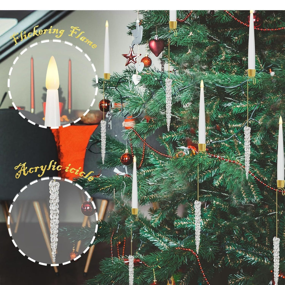 LED Candle Christmas Tree Ornaments, 6 or 12 Pack