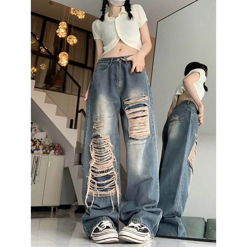 Fashion Holes Jeans Women's Retro High Waist