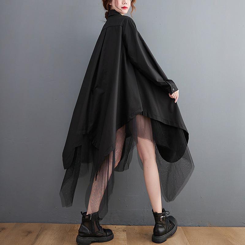 loose two-piece look swing mesh shirt dress, view 3 - MRSLM