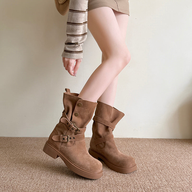 Women's suede platform buckle biker boots, view 3 - MRSLM