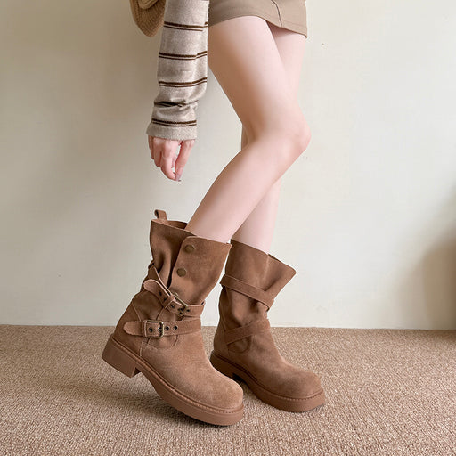 Women's suede platform buckle biker boots, view 3 - MRSLM